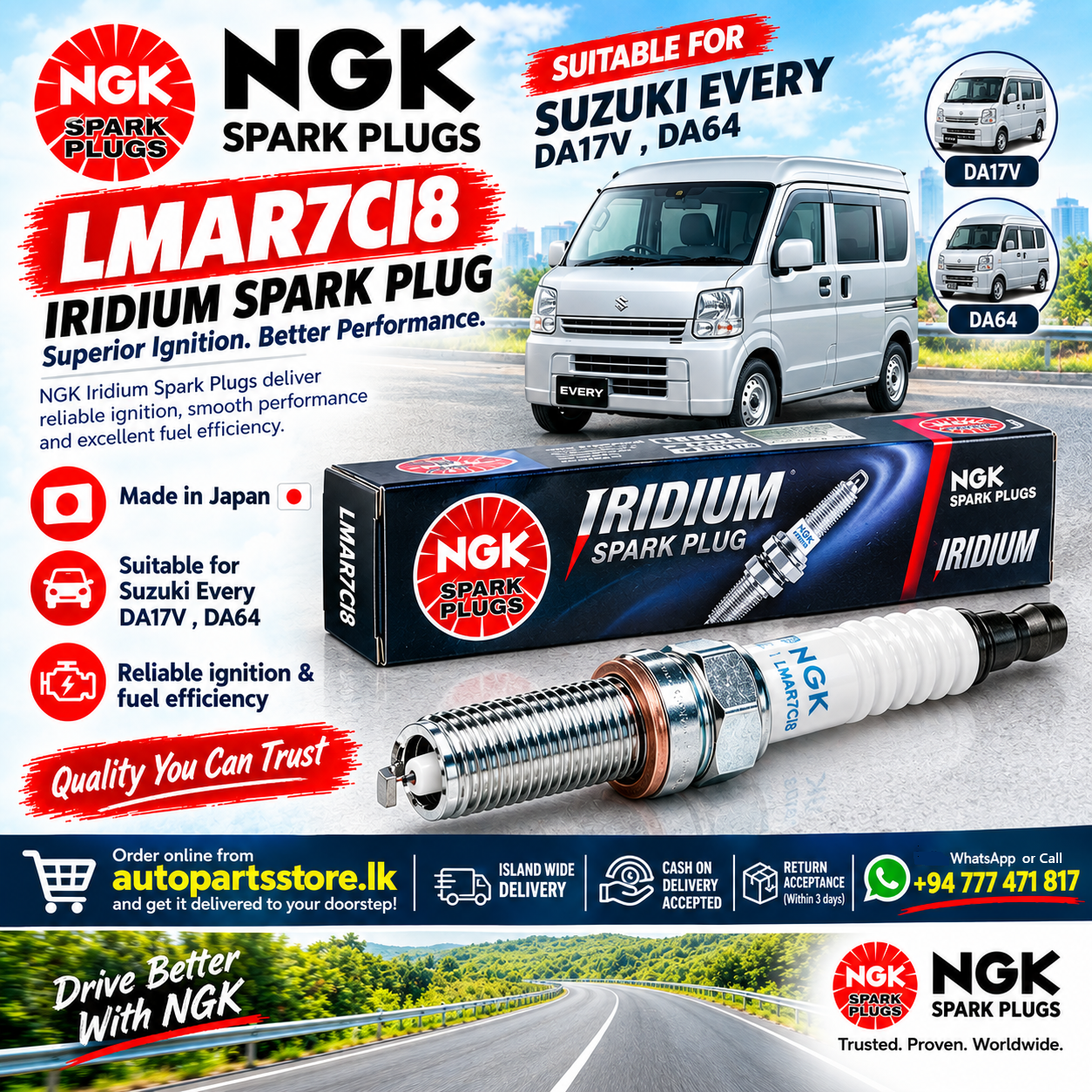 Suzuki Every DA17V / DA64 genuine NGK LMAR7CI8 Iridium Spark Plugs – Made in Japan.