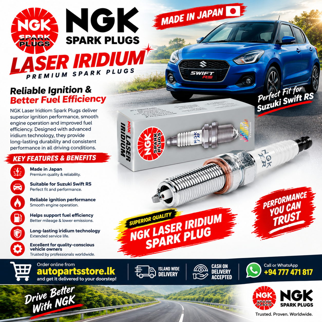 Suzuki Swift RS genuine NGK Laser Iridium Spark Plugs – Made in Japan.